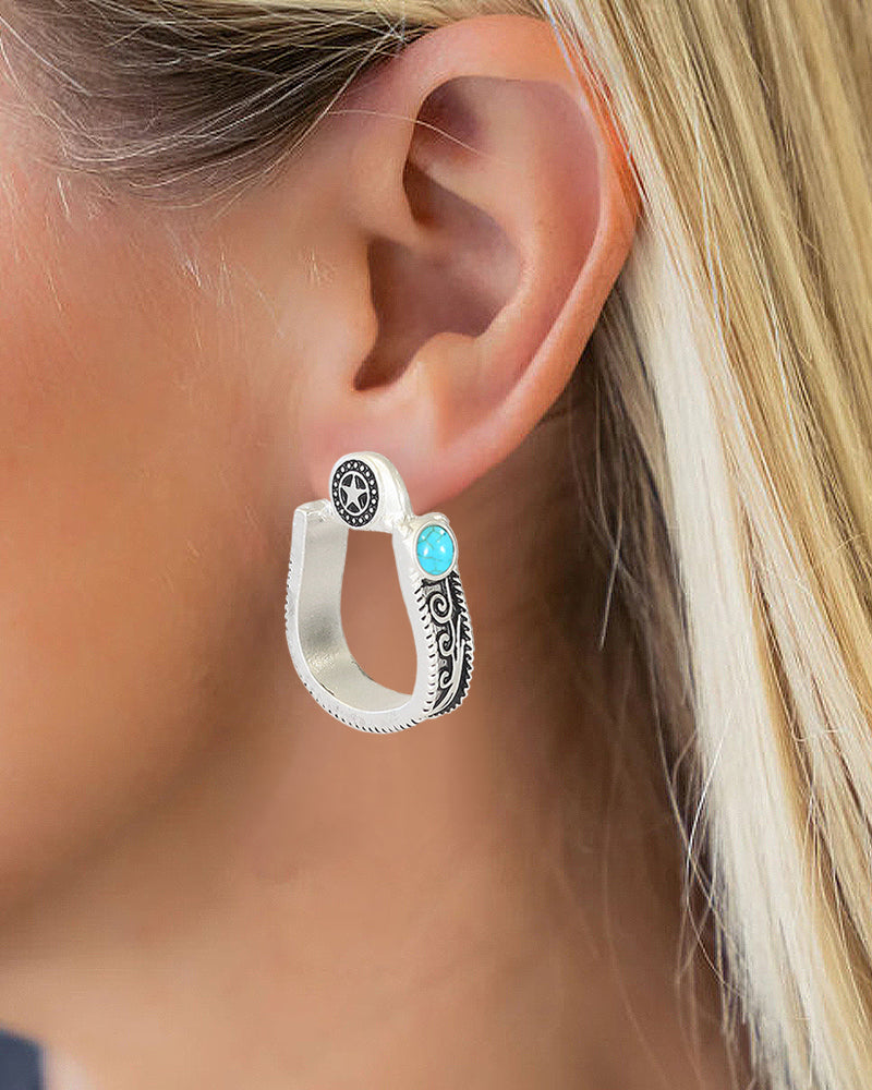 WESTERN TEXTURED ENGRAVING HORSE GROOVE EARRINGS