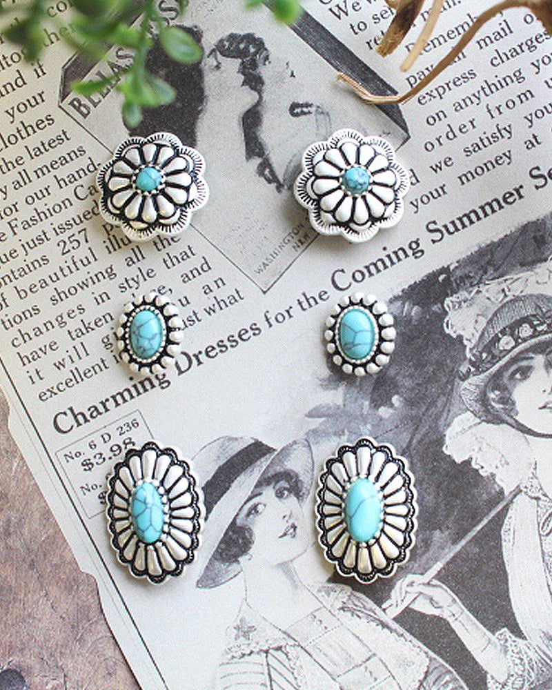 3 FOR 1 SET WESTERN CONCHO EARRINGS WITH TURQUOISE STONE