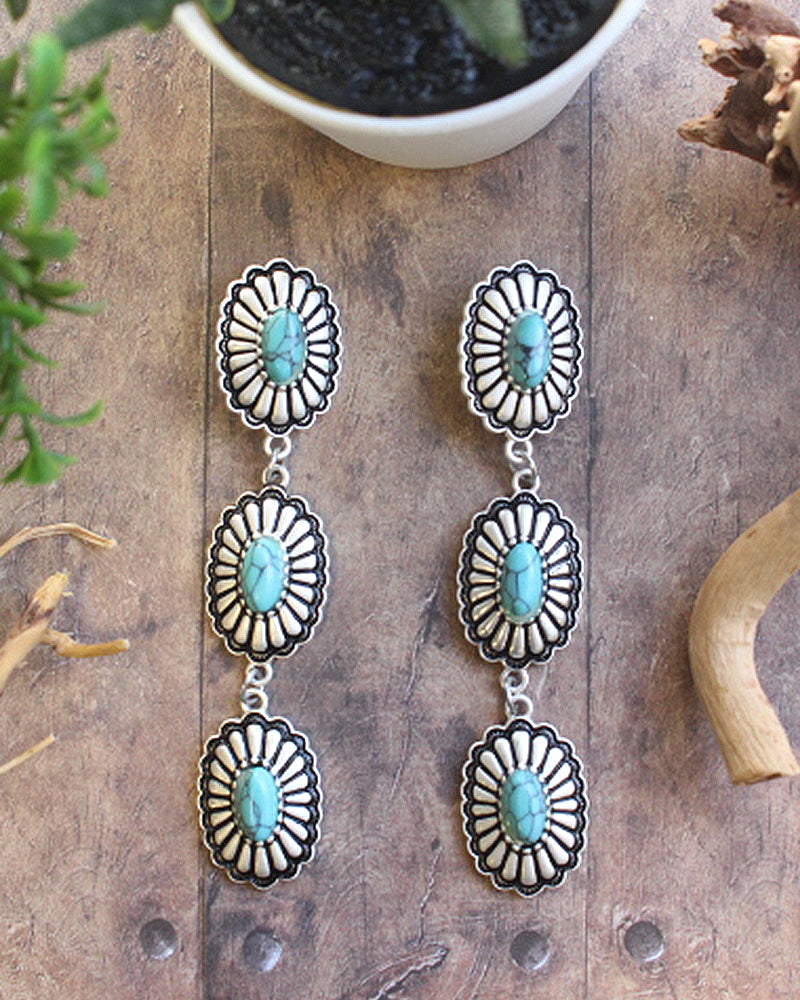 WESTERN CONCHO DANGLE EARRINGS WITH TURQUOISE STONE